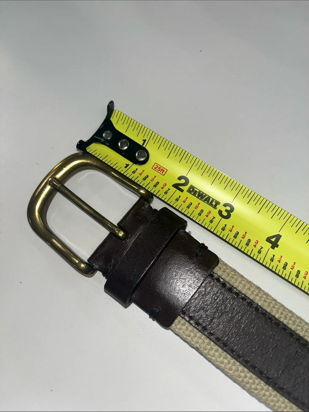 Banana Republic Brown Leather and Cream Canvas Belt with Brass Buckle Size 32